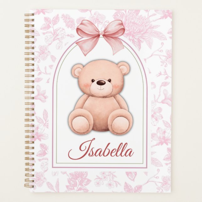 Isabella | Benutzerdefiniertes rosa Teddy-Bär-Kind Planer (Vorderseite)