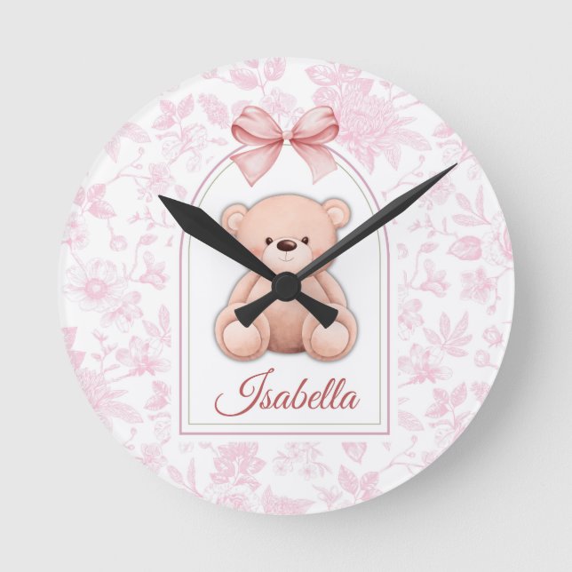 Isabella | Benutzerdefiniertes rosa Teddy-Bär-Kind Runde Wanduhr (Vorderseite)