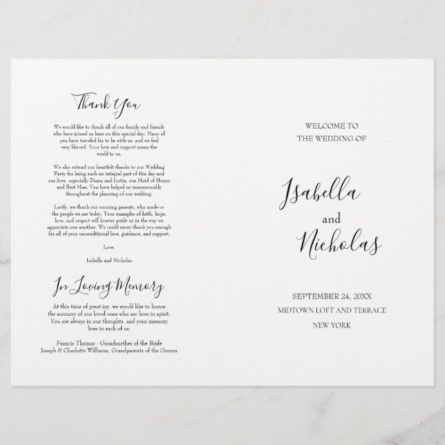 Isabella Elegant Script Folded Wedding Program (Vorderseite)