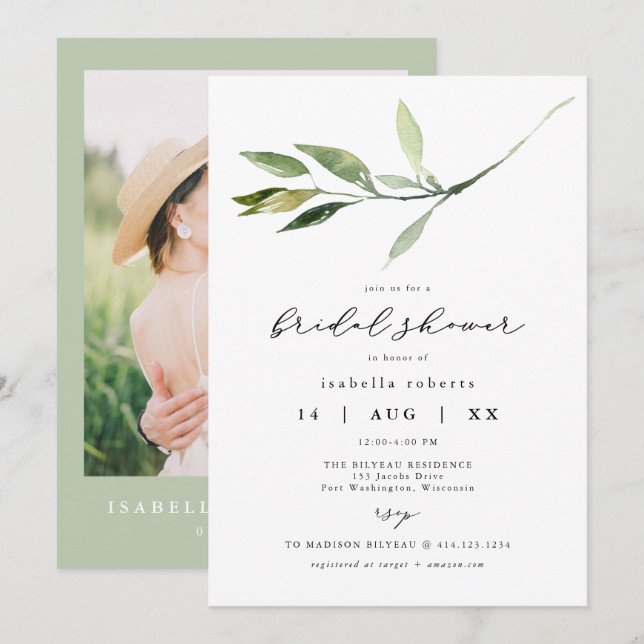 ISABELLA Elegante Minimalistische Vegetation Braut Einladung (Vorne/Hinten)