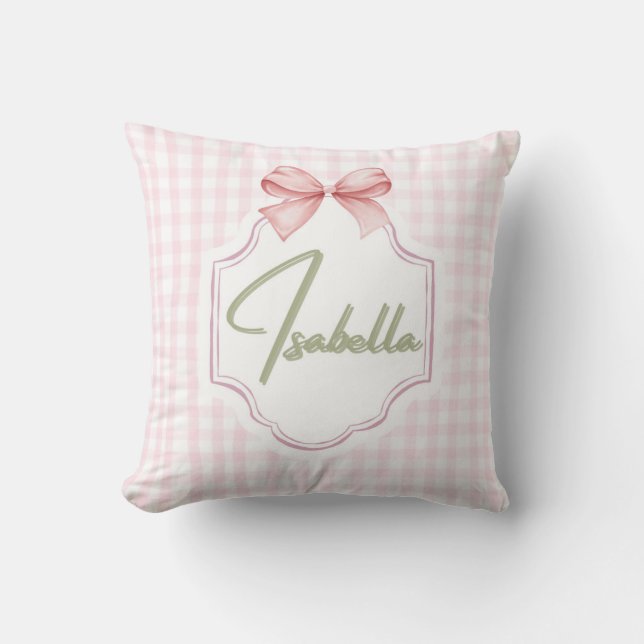 Isabella Personalisiert Pink Bow & Gingham Print Kissen (Vorderseite)