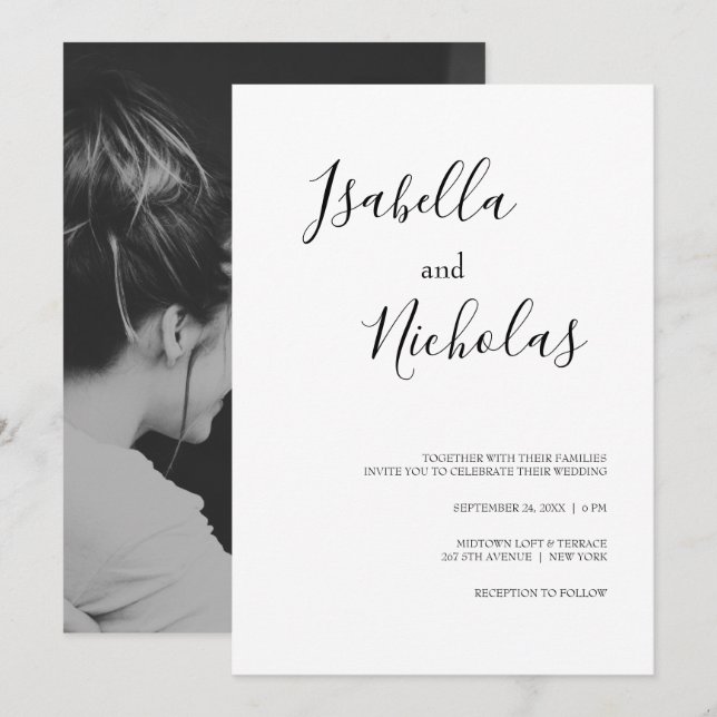 Isabella Simple Modern White Black Foto Wedding Einladung (Vorne/Hinten)