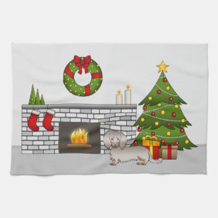 Isabella & Tan Langhaar-Dachshund-Weihnachtszimmer Geschirrtuch