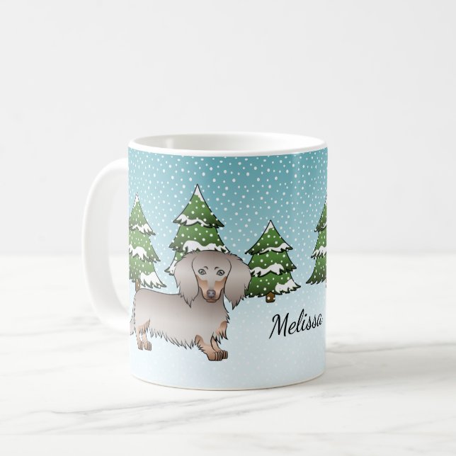 Isabella & Tan Long Hair Dackel Winterwald Kaffeetasse (Vorderseite Links)