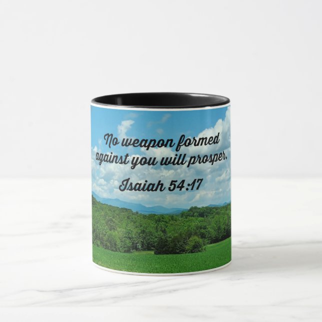 Isaiah 54:17 Keine Waffe gegen dich geformt Tasse (Zentrum)