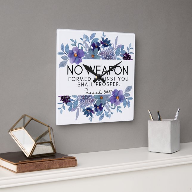 Isaiah 54:17 No Weapon Christlich Floral Quadratische Wanduhr (Büro)