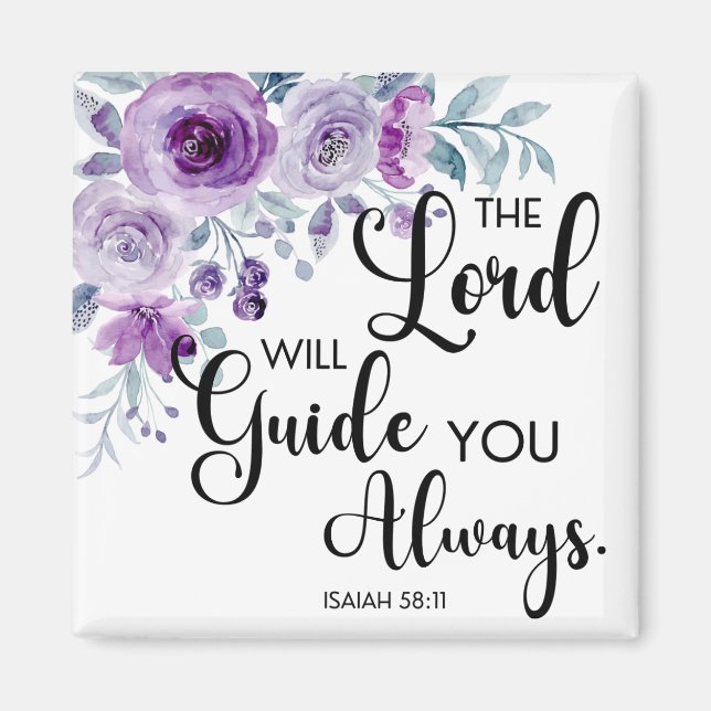 Isaiah 58:11 Lila Christlicher Blütenverse Magnet (Vorne)