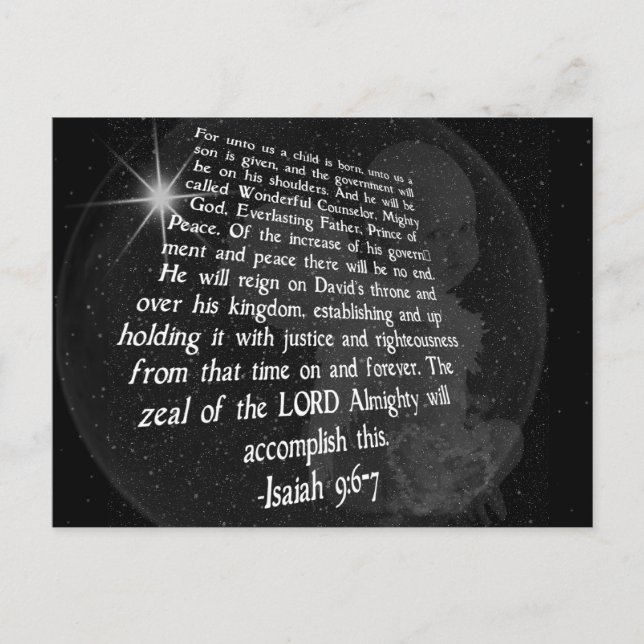Isaiah 9:6-7 Uns a Kind ist Geboren - Jesus Postkarte (Vorderseite)