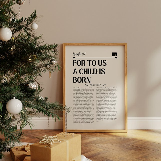 Isaiah 9:6 Christliche Bibel Verse Art Poster (A framed Christian scripture print titled “For unto us a child is born” with text from Isaiah 9:6.)