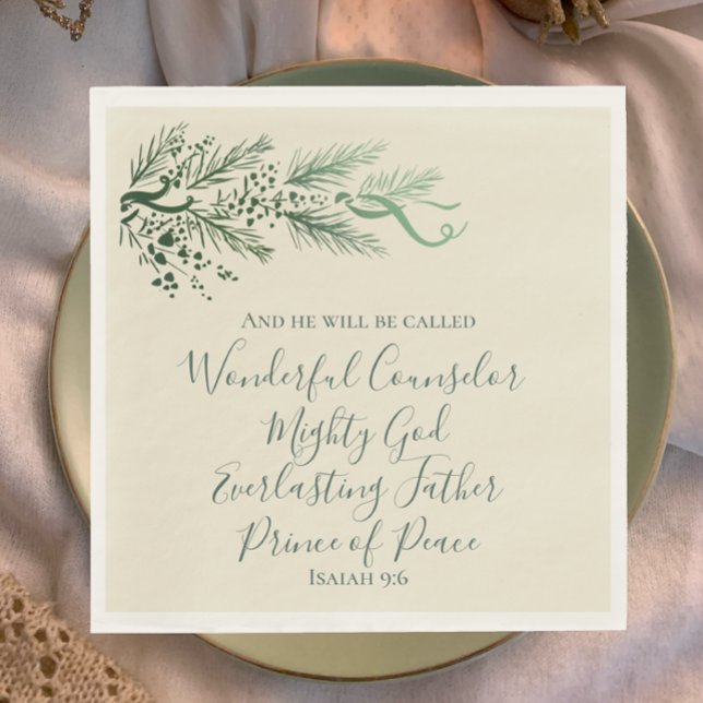 Isaiah 9:6 Elegante, einzigartige Vegetation Kiefe Serviette (Isaiah 9:6 Christian scripture unique sage elegant script with pine greenery Christmas dinner napkin)