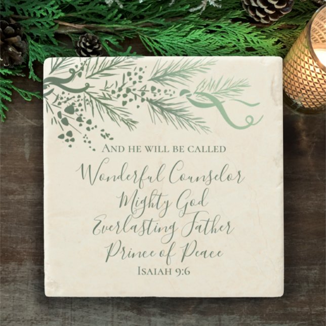 Isaiah 9:6 Handgezeichnetes Modern Pine Christmas  Steinuntersetzer (Isaiah 9:6 elegant hand drawn pine Christian Christmas gift decor. Custom faith stone coaster.
)
