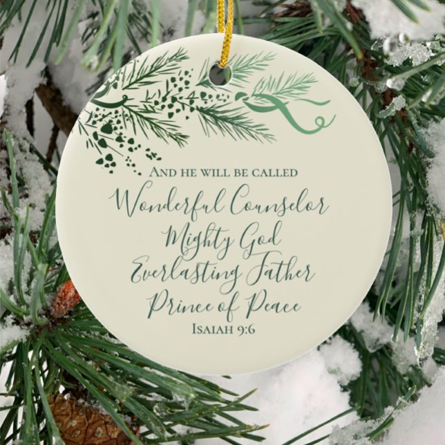 Isaiah 9:6 Personalisiert Modern Pine Christmas Ge Keramik Ornament (Personalize the back of this Christian Isaiah 9:6 Christmas gift: unique art modern faith keepsake.)
