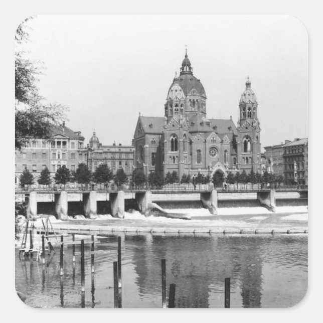 Isar in München, c.1910 Quadratischer Aufkleber (Vorderseite)