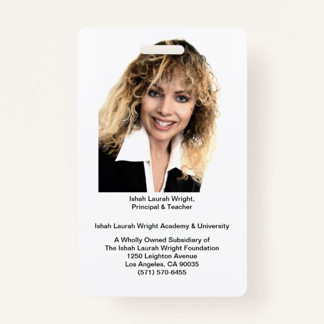 Ishah Laurah Wright Academy and University Abzeich Ausweis (Vorderseite)