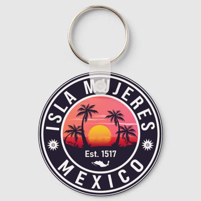 Isla Mujeres Mexico Retro Sunset Souvenirs Palm Schlüsselanhänger (Vorderseite)