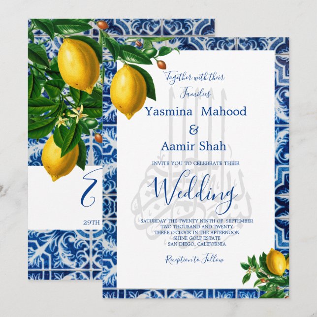 Islamic Bismillah Lemons Blue White Tile Monogram Einladung (Vorne/Hinten)