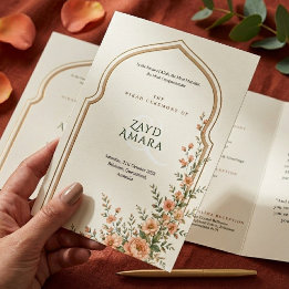 Islamic Nikah Peach Floral Arch Wedding Dreifach-gefaltete Programmkarte