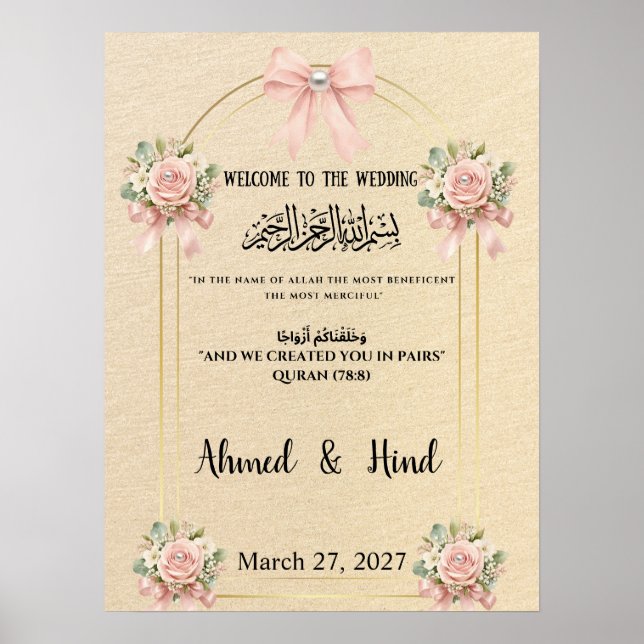 Islamic Wedding Welcome Sign  Blush Pink Bow Pear Poster (Vorne)