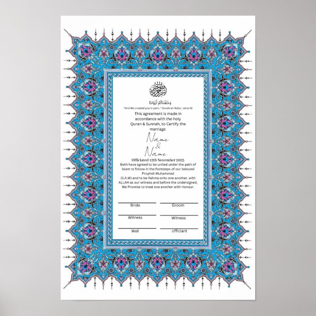 Islamisch-Blaue Grenzmuster Nikkah-Zertifikat Poster (Vorne)