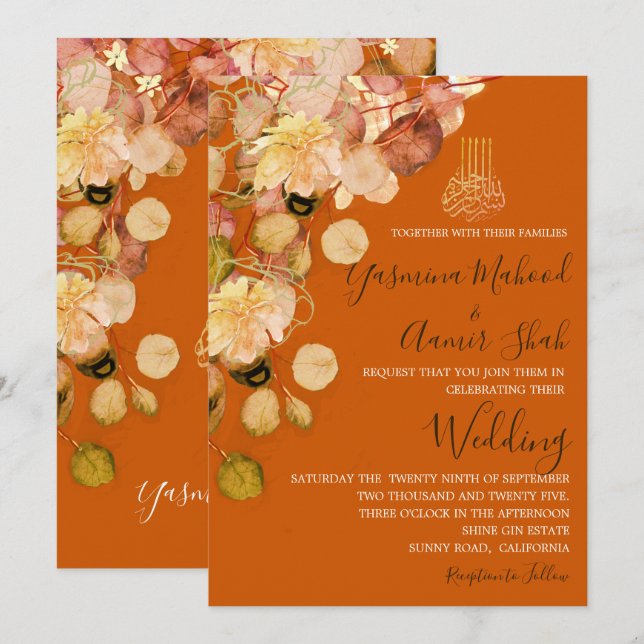 Islamische Bismillah Burnt Orange Floral Wedding Einladung (Vorne/Hinten)