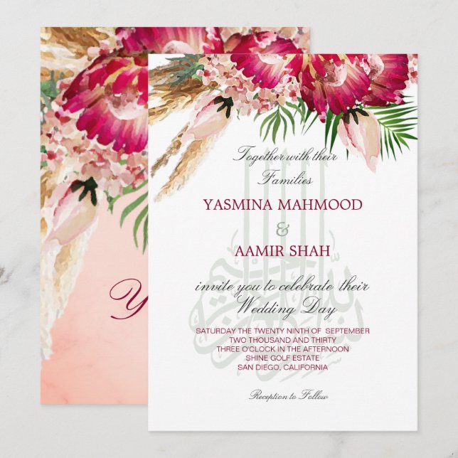 Islamische Bismillah Pampas Protea Floral Wedding Einladung (Vorne/Hinten)