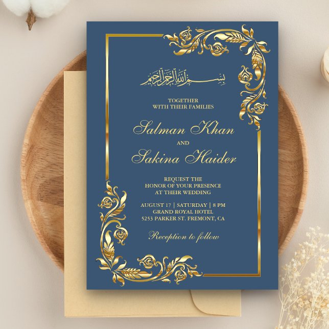 Islamische Hochzeit am Blauen und Golden Floral Bo Einladung (Von Creator hochgeladen)