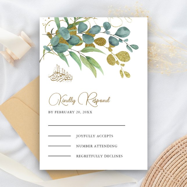 Islamische Hochzeit in der Eukalyptus-Goldene Zwei RSVP Karte (Von Creator hochgeladen)
