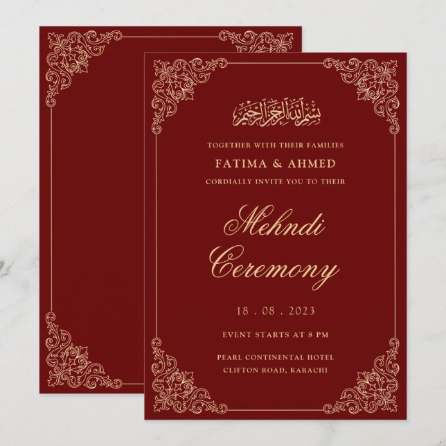 Islamische Hochzeit in Mehndi Red Gold Einladung (Vorne/Hinten)