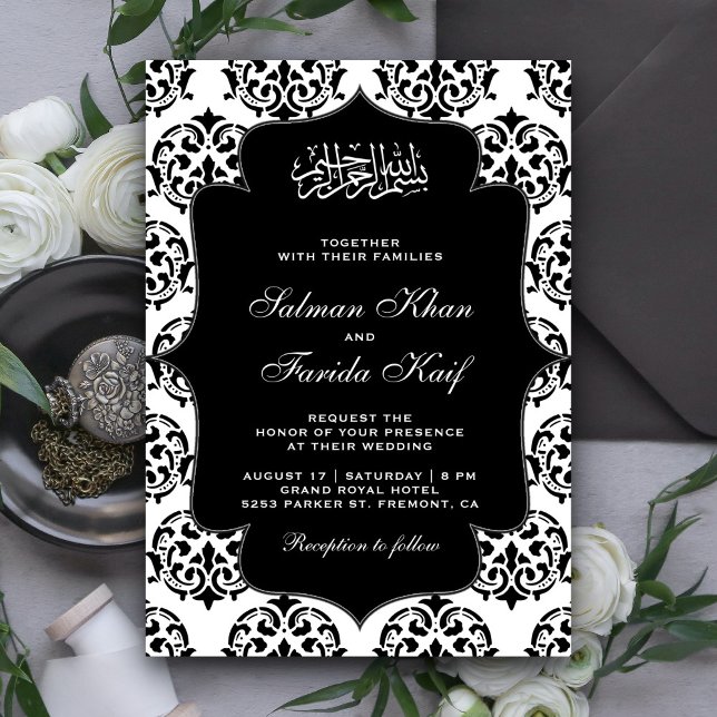 Islamische Hochzeit mit schwarzen und weißen Damas Einladung (Von Creator hochgeladen)