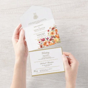 Islamische HOCHZEIT NIKAH WALLIMAH Gold Blumen All In One Einladung