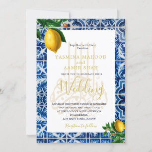 Islamische Hochzeitlemonen Blaue weiße Fliesen Ele Einladung