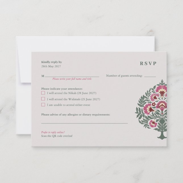 Islamische Hochzeitskarte RSVP - Soft-Gray Mughal (Vorderseite)