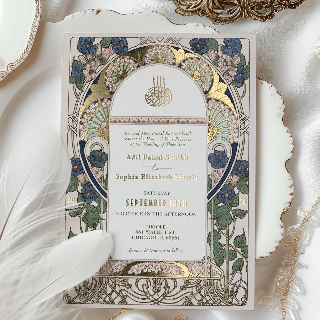 Islamische Marine Blue Wedding Art Nouveau Mucha Folieneinladung (Von Creator hochgeladen)