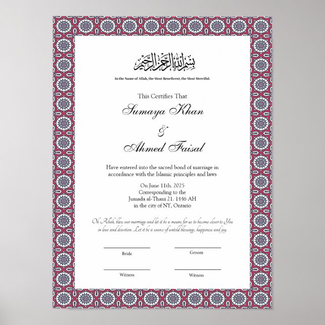 Islamische Muslim-nikkah-Bescheinigung Poster (Vorne)