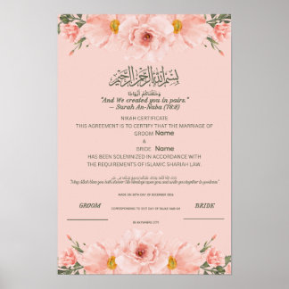 Islamische Nikah-Urkunde Blush Pink Wasserfarbe Poster