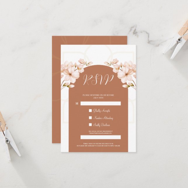 Islamische Terracotta floral Nikah QR Code RSVP Ka Einladung (Vorderseite/Rückseite Beispiel)
