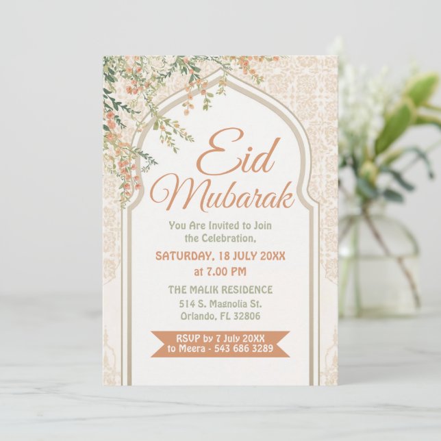 Islamischer Bogen Blumen Eid Mubarak Einladung (Stehend Vorderseite)