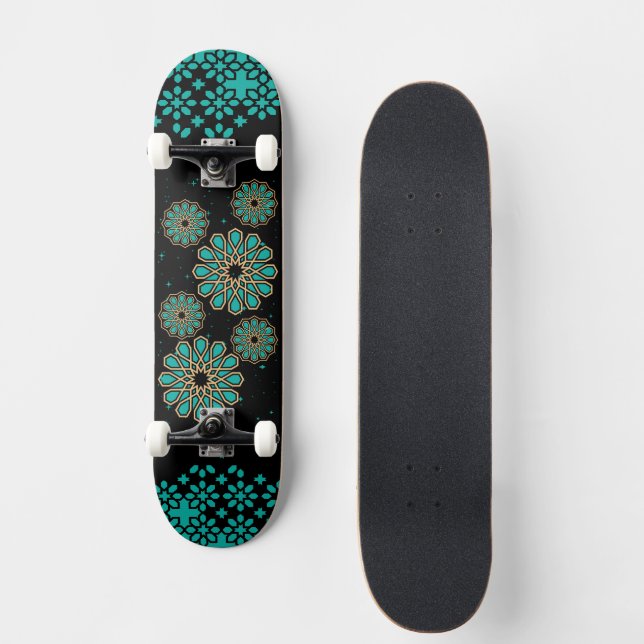 Islamisches geometrisches Muster auf türkisfarbene Skateboard (Vorderseite)