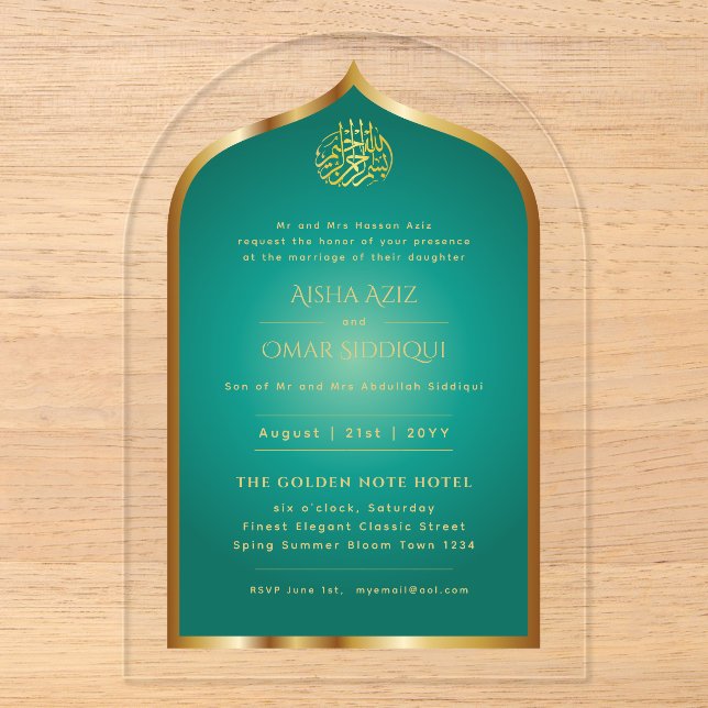 Islamisches Gold-Grüner Nikah Walima-muslimisches  Acryleinladungen (Vorderseite)