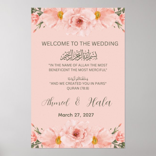 Islamisches Hochzeits-Willkommensschild Blush Pink Poster (Vorne)