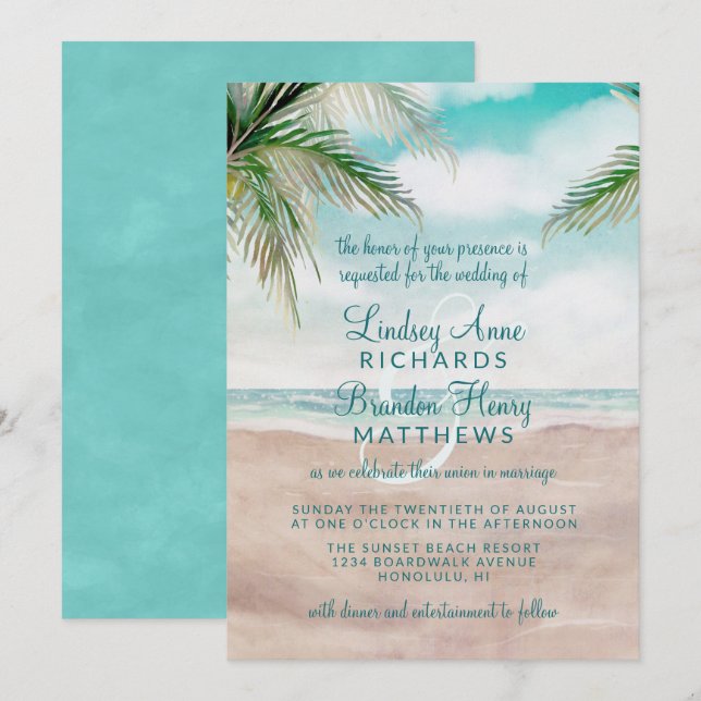 Island Breeze Painted Beach Scene Wedding Einladung (Vorne/Hinten)