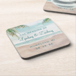 Island Breeze Painted Beach Scene Wedding Monogram Getränkeuntersetzer<br><div class="desc">Insel Breeze Painted Beach Szene,  mit Ocean Waves,  Sandy Beach und Palmen,  mit einem schönen aquamarinen blauen Himmel. Mit modernen Typografie-Script-Schriftart. Ein Sommer tropischer Strand,  oder Hochzeit in Urlaubsort Design - Personalisierte Hochzeitsessen Empfang Tisch Decke Monogram Untersetzer! ~ Karo mein Shop zu sehen,  die gesamte Hochzeitssuite für dieses Design!</div>