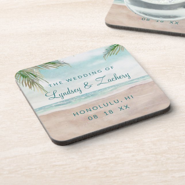 Island Breeze Painted Beach Scene Wedding Monogram Getränkeuntersetzer (Linke Seite)
