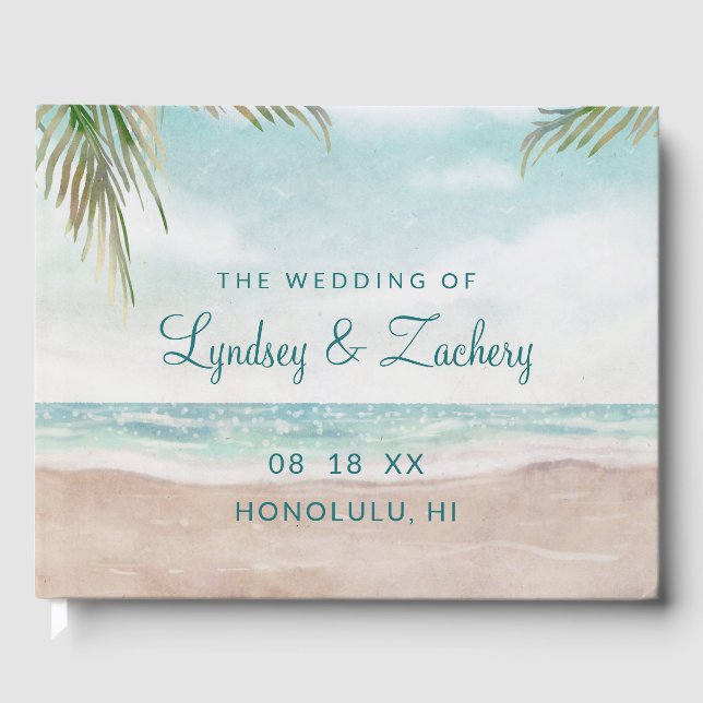Island Breeze Painted Beach Szene Tropical Wedding Gästebuch (Vorderseite)