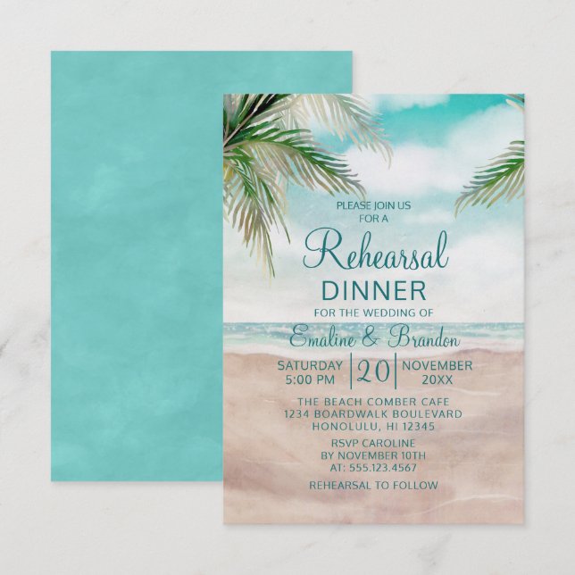 Island Breeze Sandy Beach Hochzeit Probe Dinner Einladung (Vorne/Hinten)