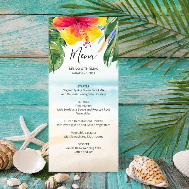 Island Breeze | Tropical Beach Palm Blume Wedding Menükarte (Von Creator hochgeladen)