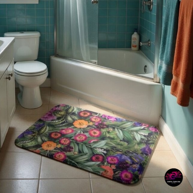 Island Floral Rosa Wiese Badematte (Step out. Tropical florals. Island feel.)