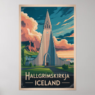 Island Hallgrimskirkja Illustration Reise Kunst Poster