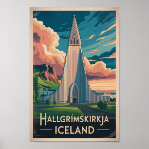 Island Hallgrimskirkja Illustration Reise Kunst Poster