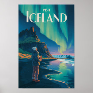 Island Nordlichter Illustration Reise Kunst Vi Poster